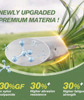 Close-up of upgraded weed wacker string material with nylon polyamide composition, showcasing 30% GF for durability.