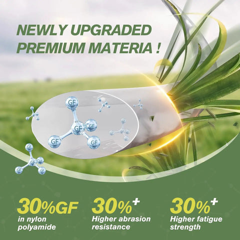 Close-up of upgraded weed wacker string material with nylon polyamide composition, showcasing 30% GF for durability.