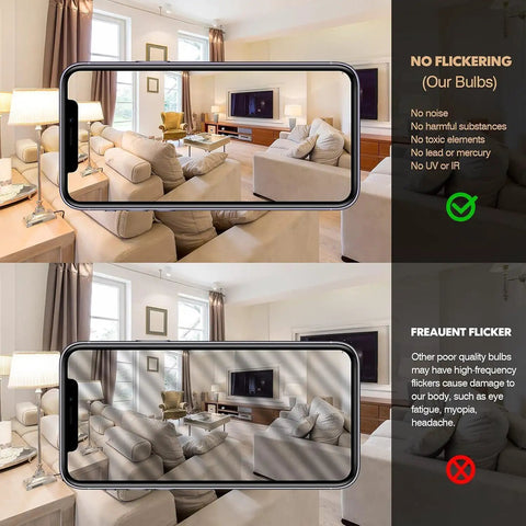 Comparison of couch in living room, top with Soft White A19 Light Bulbs 25W 210 Lumens 120V E26 Medium Base Incandescent 2500K Warm Glow 2-Pack, bottom with frequent flicker.
