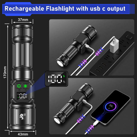 Beast Mode 10000 Lumen LED Flashlight With Digital Power Display, Zoomable Focus shown charging with USB-C output