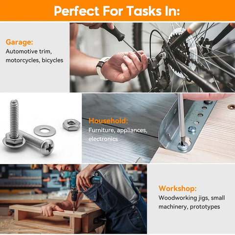 Stainless Steel Nuts And Bolts Kit With 720 Pieces Of Phillips Pan Head Screws Nuts And Flat Washers In Case For DIY Projects And Repairs Sizes 10 24 8 32 6 32 4 40 Heavy Duty Outdoor Grade Hardware Assortment shown in various home, garage, and workshop uses.