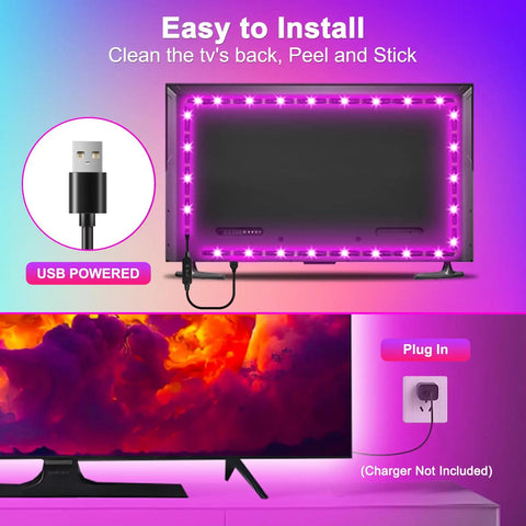 RGB TV Backlight Strip Lights For 45 To 60 Inch TVs, 13.1ft Long, showing USB powered LED strip lighting behind TV.