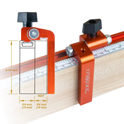 Two And A Quarter Inch T Track Flip Stop With Pro Grade Adjustable Fence Repeater And Indexing Cursor For Precise Repeats In The Shop Calibratable Hairline Readout For Consistent Woodworking Cuts on wood piece
