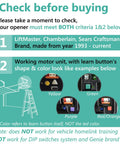 Diagram with instructions to check LiftMaster Chamberlain Sears Craftsman garage opener compatibility with colored learn buttons.