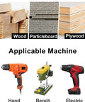 Wood, particleboard, plywood materials with hand, bench, and electric drills for woodworking and DIY projects.