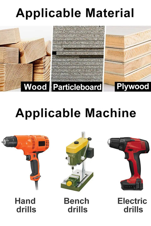 Wood, particleboard, plywood materials with hand, bench, and electric drills for woodworking and DIY projects.