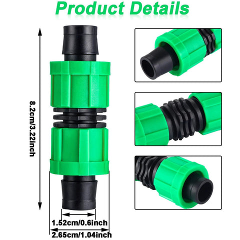 Green plastic 5/8-inch universal drip irrigation coupling with black compression fittings (front view)