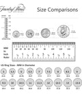 Size comparison chart for rings with measurements in mm and inches, including US ring sizes.