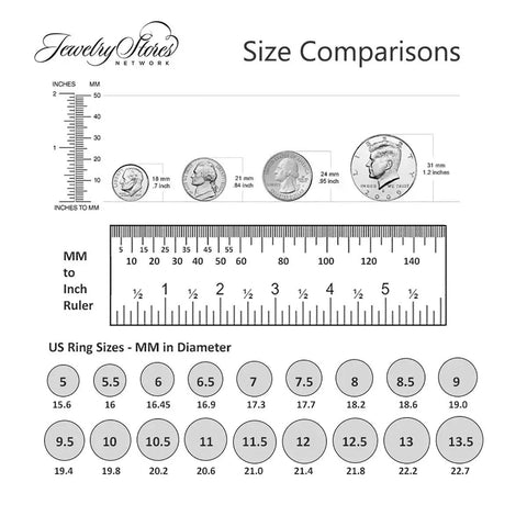 Size comparison chart with US ring sizes in MM, including rulers and coins for reference.