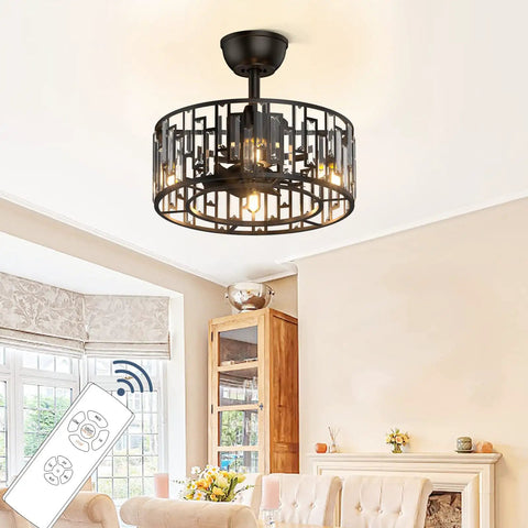 Dope Matte Black Crystal Cage Ceiling Fan With Light, Industrial Farmhouse Vibe, 8 ABS Blades, remote shown, living room setting