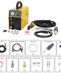 HYC410 110V Plasma Cutter, 35 Amp Air Plasma Cutter For Metal, shown with accessories including hoses and fittings