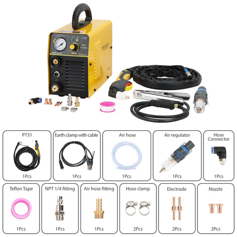 HYC410 110V Plasma Cutter, 35 Amp Air Plasma Cutter For Metal, shown with accessories including hoses and fittings
