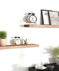 Set Of Six Premium Solid Wood Floating Wall Shelves Light Brown Oak Style Real Timber Grain Decor For Bedroom Living Room Knockout Design Hella Durable Modern Rustic Look 17 Inch Width Easy Mount Home Storage Solution with plants and decor.