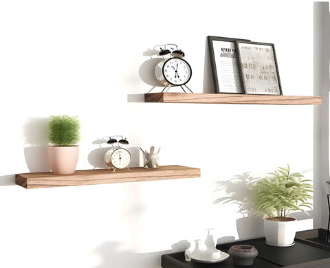 Set Of Six Premium Solid Wood Floating Wall Shelves Light Brown Oak Style Real Timber Grain Decor For Bedroom Living Room Knockout Design Hella Durable Modern Rustic Look 17 Inch Width Easy Mount Home Storage Solution with plants and decor.