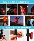 Grab And Go All In One Bike Repair Kit With Mini Pump Under Seat Bag And Tail Light showing uses for various outdoor activities.