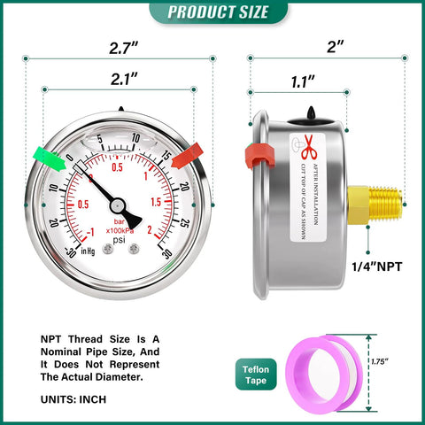 BOGERDACK stainless steel glycerin-filled vacuum gauge, 2.5 in dial; front/side views, 30 inHg/30 psi, 1/4 in NPT