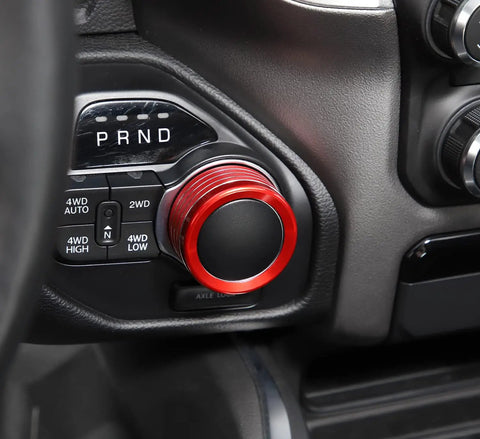 Close-up of the red anodized gear shift knob cover from Aluminum Headlight And Gear Shift Knob Cover Set For Dodge RAM 2018 2026 Red 2Pc