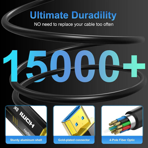 Fifty Foot Fiber Optic Hdmi 2.1 Cable 48Gbps Delivers 8K At 60Hz And 4K At 120Hz showcasing gold-plated connectors and durability features.