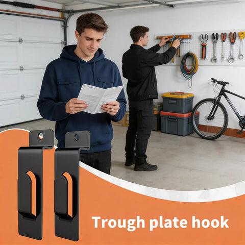 Two slatwall notch hooks with garage tools background, 20 Pack Slatwall Notch Hooks For Flexible Displays Heavy Duty Metal Hangers