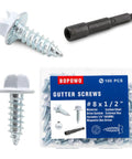 Self Tapping Gutter Screws White Painted Slotted Hex Washer Head Size Eight By One Half Inch Zinc Plated Finish Includes One Quarter Inch Magnetic Hex Driver Hundred Count For DIY Gutter Install shown with driver and packaging