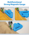 Magnetic Seam Guide Set For Sewing Machine Three Piece with blue guide on fabric, ensuring precise straight and curved stitches.