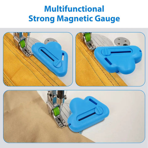 Magnetic Seam Guide Set For Sewing Machine Three Piece with blue guide on fabric, ensuring precise straight and curved stitches.