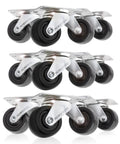 Kick Butt Premium Heavy Duty Rubber Swivel Casters 1-1/2 Inch 12 Pack Low Profile Plate Wheels in stacked view.