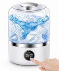 Rechargeable Mini Portable Washing Machine For Underwear And Baby Clothes Compact Travel Laundry Cleaner Lightweight Delicate Cycle. Water swirling inside the washer with timer display.