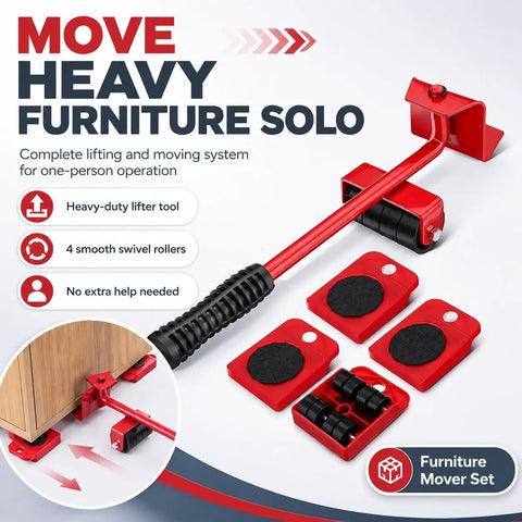 One Person Move Kit With Heavy Duty Appliance Lifter And Wheeled Furniture Sliders in red, showing lifter and four swivel rollers
