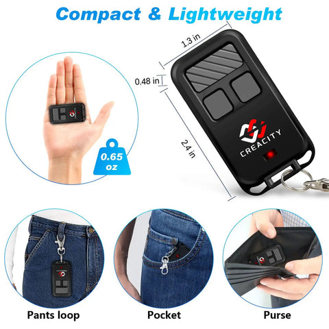 Your Go To Multi Color 3 Button Garage Door Opener Remote With Key Chain Replacement For 890MAX showing size and usage options.
