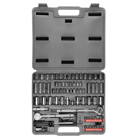 SAE And Metric 100 Piece Socket Set With One Quarter Inch Drive Three Eighths Inch Drive And One Half Inch Drive Plus Bit Set Ratchets