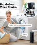 Woman using voice control with Alexa for Heavy Duty WiFi Smart Plug Outlet With Timer Function No Hub Required White 2.4 Gigahertz Network Only