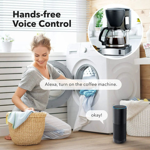 Woman in laundry room using Alexa for voice control with coffee machine, highlighting hands-free function of smart plug