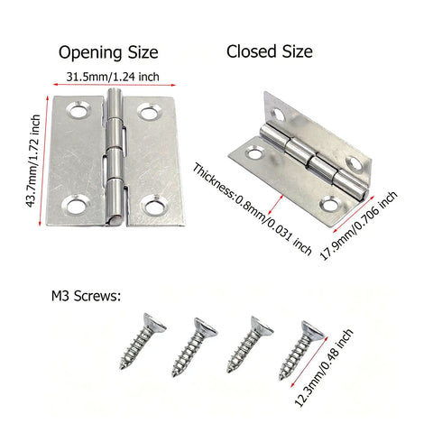 Matte Black Folding Butt Hinges Set Of 12, 1.72 Inch 4 Hole Small Cabinet Hinges With Screws showing dimensions and M3 screws