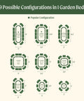 Diagram showing nine configurations of the Olive Green 17 Inch Tall Nine In One Metal Raised Garden Bed Kit for your backyard or patio.