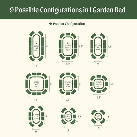Diagram showing nine configurations of the Olive Green 17 Inch Tall Nine In One Metal Raised Garden Bed Kit for your backyard or patio.