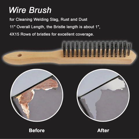 Wooden-handle wire brush with black bristles; rust removal before and after on metal surface.
