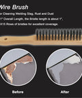 Wire brush from Pro Grade Welding Tools Kit with cleaning results on weld slag and rust before and after