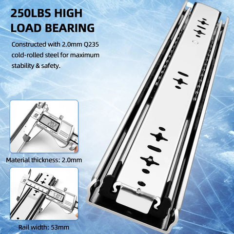 Beefy Heavy Duty Drawer Slides 22 Inch Long, 53 mm Wide, steel, ball bearing, side mount, 250 lb load, detailed view