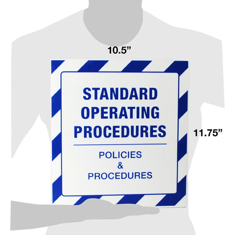 Person holding an Industrial SOP Storage Case With Metal Binder Rings Fully Enclosed For Protection Bright Blue And White Striped Organizer, size 10.5 x 11.75 inches.