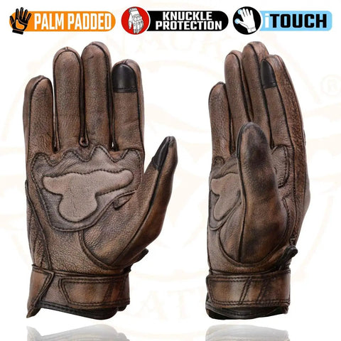 Distressed Brown Leather Gloves With Vibration-Reducing Gel Palm And Knuckle Protectors For Serious Motorcycle Riding, Large