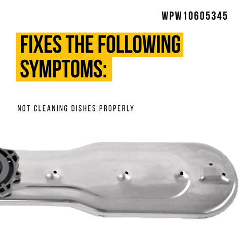 Spray Arm Replacement For Whirlpool And Maytag Dishwashers, Easy Swap Direct Fit W10605345 WPW10605345 shown addressing cleaning issues