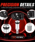 Top Shelf 433MHZ TPMS Sensor Kit Four Pack Pre Programmed Tire Pressure Monitoring System with precision details displayed.