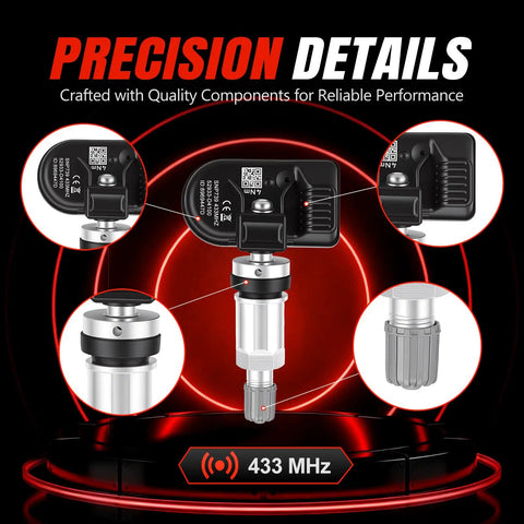 Top Shelf 433MHZ TPMS Sensor Kit Four Pack Pre Programmed Tire Pressure Monitoring System with precision details displayed.