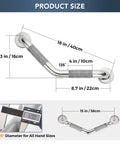 Diagrams showing dimensions of Angled Shower Grab Bar 1-1/4 By 16 Inch Knurled Stainless Steel Safety Bar, wall mount, polished nickel finish.