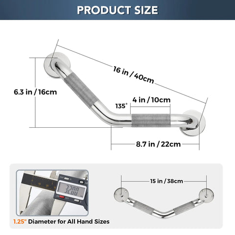 Diagrams showing dimensions of Angled Shower Grab Bar 1-1/4 By 16 Inch Knurled Stainless Steel Safety Bar, wall mount, polished nickel finish.