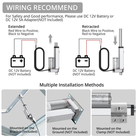 Justech 12V linear actuator with 160LBS rating; wiring diagram showing extended/retracted and brackets included.