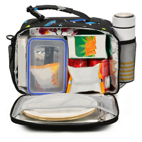 Insulated Lunch Box For Kids And Teens With Skateboard Dope Lightning Bolt Print, open with lunch containers and bottle
