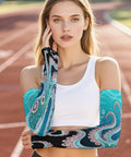 Premium Ice Silk Arm Sleeves Deliver Ultra Fly Compression Fit To Block Harsh Sunlight And Keep Your Forearms Cool And Sweat Free On Daily Chores With Upf50 Protection, colorful design model wearing on track.