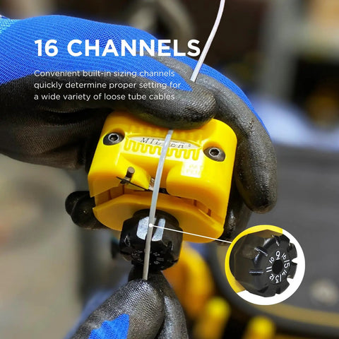 Technician using Midspan Fiber Access Tool With Pouch For Technicians, Electricians And Installers, Safe Cable Tool, 16 Self Aligning Sizing Channels, Portable Lightweight Wire Stripper For 1 To 3 Millimeter Loose Tube Fiber Cables to adjust cable.